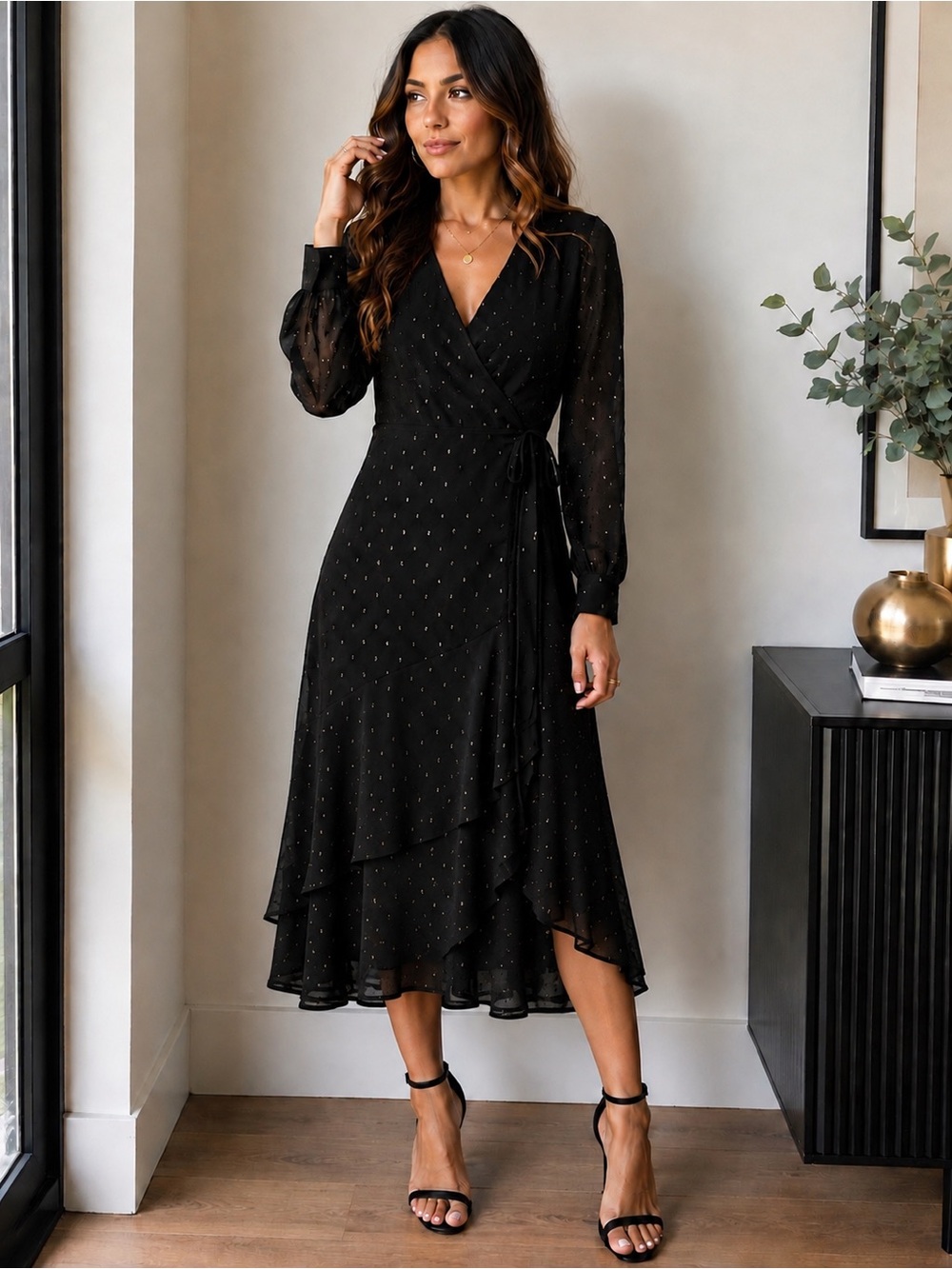 Express Black Metallic Dot Wrap Midi Dress – Size S
